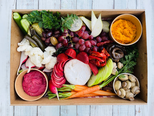 A mouth watering gourmet vegan grazing platter box of all Australian produce including antipasto vegetables, artisan vegan cheeses with accompaniments like semi dried tomatoes, Australian olives & fruit paste. Accompanied with sourdough breads & crackers. Also featuring hommus, simply delicious